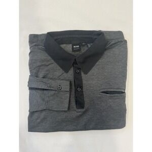 Hugo Boss Men's Gray Speckled Long Sleeve Cotton Polo Shirt Chest Pocket Size XL